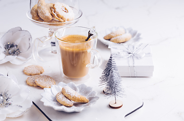 Image showing Vanillekipferl - Fresh Vanilla Cookies With Powdered Sugar For Christmas with Coffee