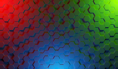 Image showing 3D rendering of octagons background with red, green and blue light spots.