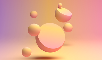 Image showing 3D rendering of pastel color flying spheres with flat plane for text ot product advertising