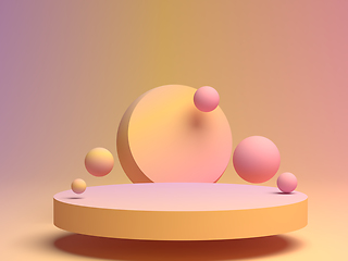 Image showing 3D rendering of flying spheres with flat pedestal for product advertising