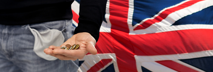 Image showing close up of man showing coins and empty pockets