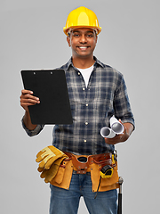 Image showing happy indian builder with blueprint and clipboard