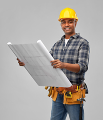 Image showing happy indian builder in helmet with blueprint