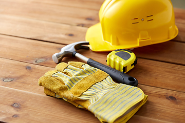 Image showing different work tools on wooden boards