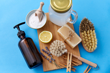 Image showing washing soda, soap, brushes, lemon and clothespins