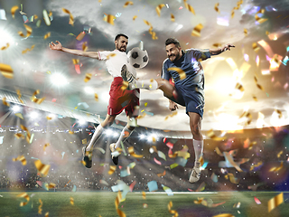 Image showing Professional sportsmen caught in moment of winning and confetti flying, motion and action