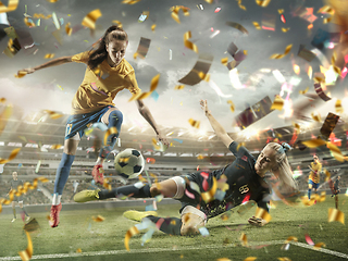 Image showing Professional sportswomen caught in moment of winning and confetti flying, motion and action