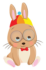 Image showing Cartoon of a sad brown rabbit with a colorful hat vector or colo