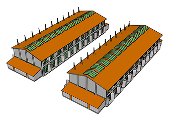 Image showing Two green and orange large modern barns with open shuts and gree