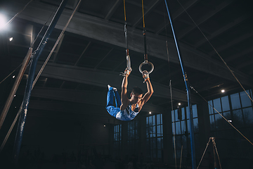 Image showing Little male gymnast training in gym, flexible and active. Caucasian fit little boy, athlete in sportswear practicing in exercises for strength, balance.