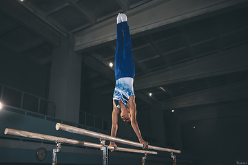 Image showing Little male gymnast training in gym, flexible and active. Caucasian fit little boy, athlete in sportswear practicing in exercises for strength, balance.