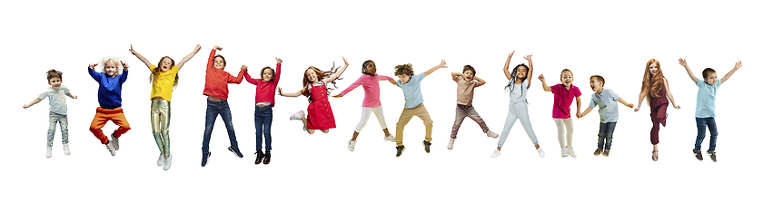 Image showing Little and happy kids gesturing isolated on white studio background. Human emotions, facial expression concept