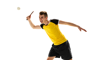 Image showing Funny emotions of professional tablet tennis player isolated on white studio background, excitement in game