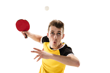 Image showing Funny emotions of professional tablet tennis player isolated on white studio background, excitement in game