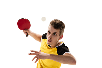 Image showing Funny emotions of professional tablet tennis player isolated on white studio background, excitement in game