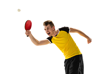 Image showing Funny emotions of professional tablet tennis player isolated on white studio background, excitement in game