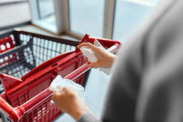 Image showing woman cleaning shopping cart handle with sanitizer