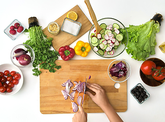 Image showing young woman chopping red onion at kitchen