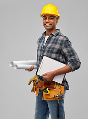 Image showing happy indian builder with blueprint and clipboard