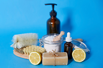 Image showing lemons, soap, washing soda, vinegar and brushes