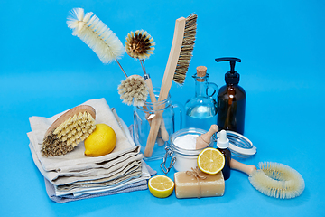 Image showing lemons, soap, washing soda, vinegar and brushes