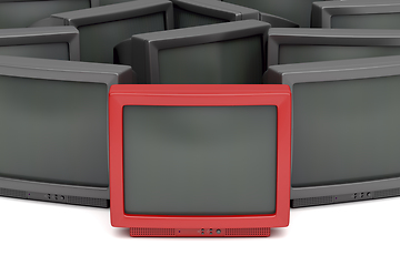 Image showing One unique red tv in front of others