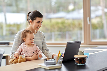 Image showing mother with baby and laptop working at home office