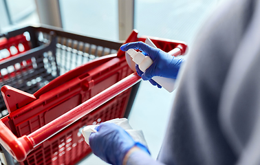 Image showing woman cleaning shopping cart handle with sanitizer