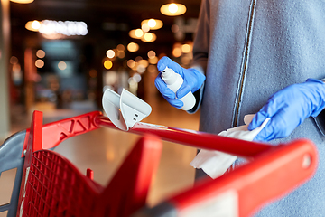 Image showing woman cleaning shopping cart handle with sanitizer