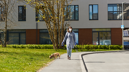 Image showing woman in mask and gloves with dog walking in city