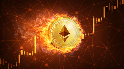 Image showing Ethereum coin in fire with bull stock chart.