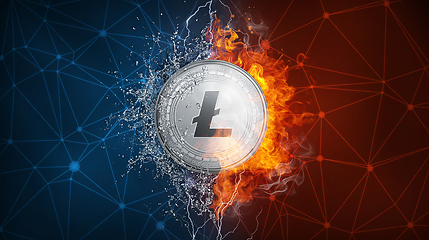 Image showing Gold Litecoin coin hard fork in fire flame, lightning and water splashes.