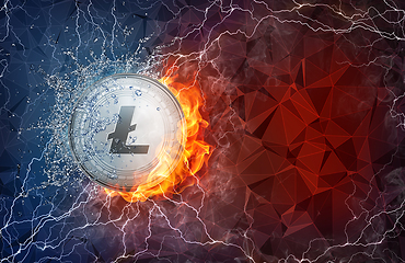 Image showing Gold Litecoin coin hard fork in fire flame, lightning and water splashes.