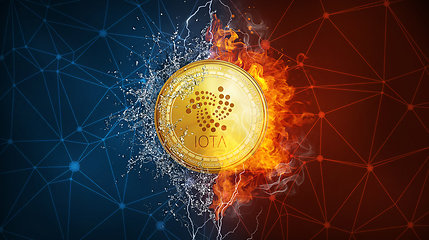 Image showing Gold IOTA coin hard fork in fire flame, lightning and water splashes.