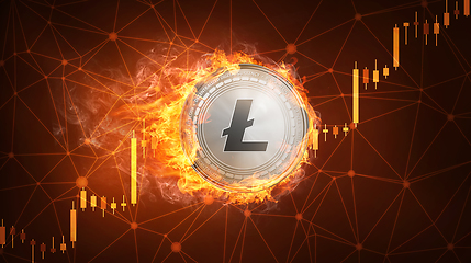 Image showing Litecoin coin in fire with bull stock chart.