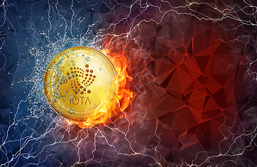 Image showing Gold IOTA coin hard fork in fire flame, lightning and water splashes.