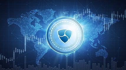 Image showing NEM coin on hud background with bull stock chart.