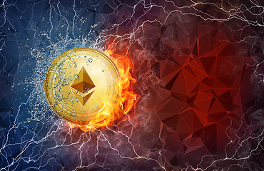 Image showing Gold ethereum coin hard fork in fire flame, lightning and water splashes.