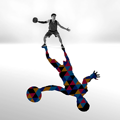 Image showing Young caucasian sportsman isolated on studio background with shadow, modern artwork. Abstract trendy design.