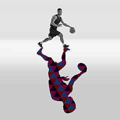 Image showing Young caucasian sportsman isolated on studio background with shadow, modern artwork. Abstract trendy design.