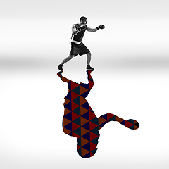 Image showing Young caucasian sportsman isolated on studio background with shadow, modern artwork. Abstract trendy design.