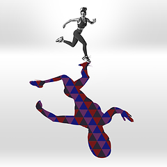 Image showing Young caucasian sportswoman isolated on studio background with shadow, modern artwork. Abstract trendy design.