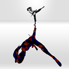 Image showing Young caucasian sportswoman isolated on studio background with shadow, modern artwork. Abstract trendy design.