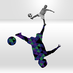 Image showing Young caucasian sportsman isolated on studio background with shadow, modern artwork. Abstract trendy design.