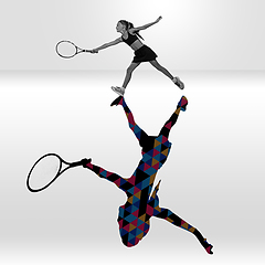 Image showing Young caucasian sportswoman isolated on studio background with shadow, modern artwork. Abstract trendy design.