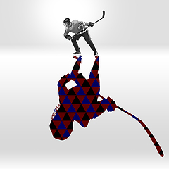 Image showing Young caucasian sportsman isolated on studio background with shadow, modern artwork. Abstract trendy design.