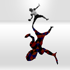 Image showing Young caucasian sportsman isolated on studio background with shadow, modern artwork. Abstract trendy design.