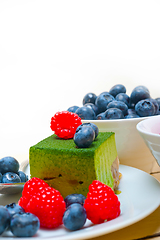 Image showing green tea matcha mousse cake with berries