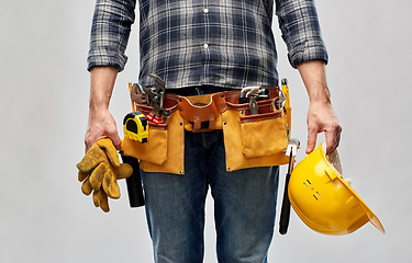 Image showing worker or builder with helmet and working tools