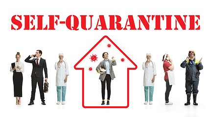 Image showing Collage made with different professions - keep quarantine if you feel sick